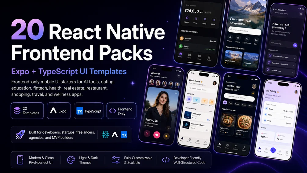 20 React Native Frontend Packs Bundle — Expo + TypeScript UI Templates