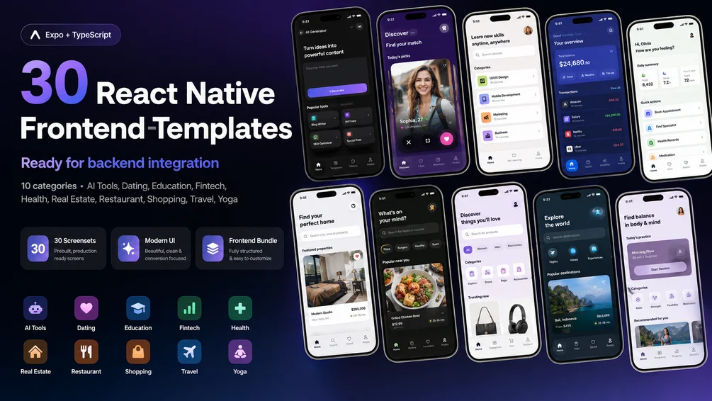 30 React Native Frontend Packs Bundle — Expo + TypeScript UI Templates